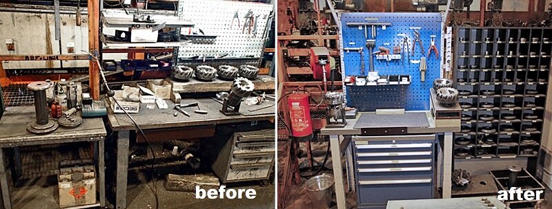 Industrial workbench before and after reorganisation