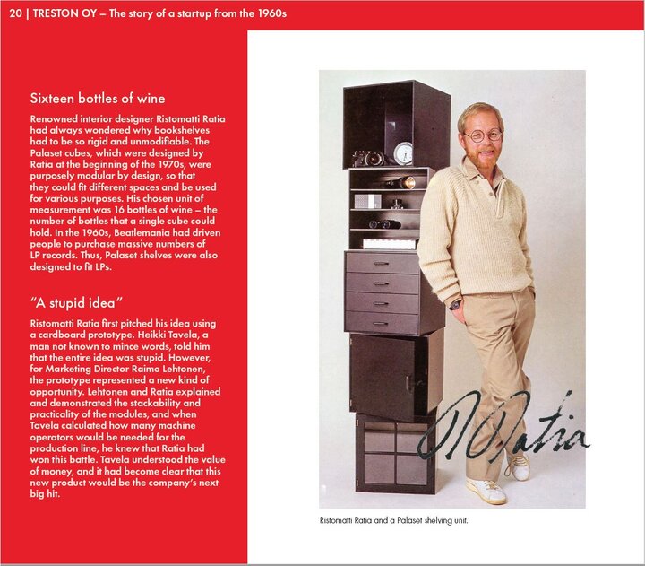 Treston history book screen capture - designer Ristomatti Ratia and bottles of wine